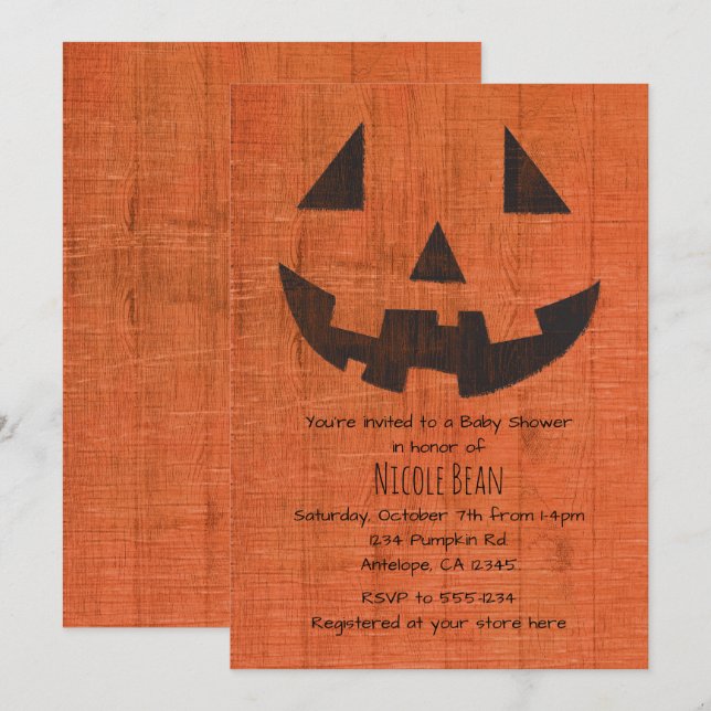 Convites Laranja Wooden Pumpkin Rustic Halloween Festa (Frente/Verso)