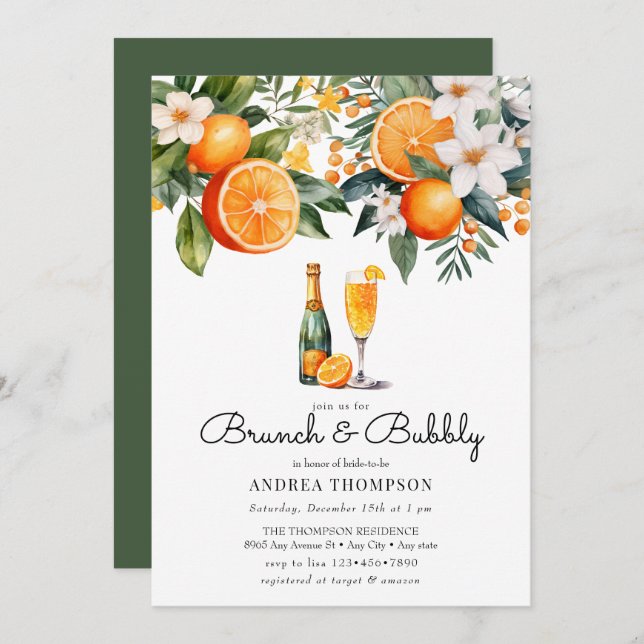 Convites Laranjas Aquarela | Chuveiro Brunch (Frente/Verso)