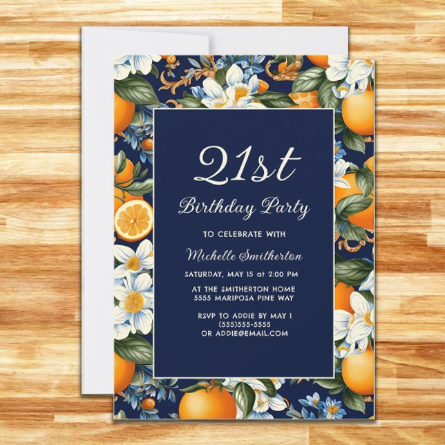 Convites Laranjas de qualquer idade Flores brancas Marinho  (Oranges and white blooms on navy blue birthday party invitation for any age)
