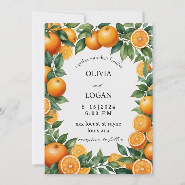 Convites Laranjas E Folhas, Casamento Laranja Vibrante (Frente)
