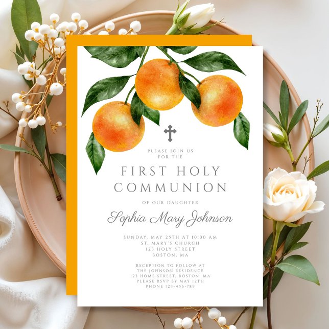 Convites Laranjas Elegantes Primeira Comunhão Sagrada (Elegant Oranges First Holy Communion Invitation)
