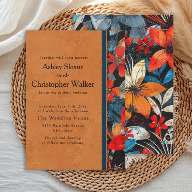 Convites Laranjas Vibrantes Flores Vermelhas e Teais em Neg (Bold, vibrant orange, teal, red flowers boho-style wedding invitation)