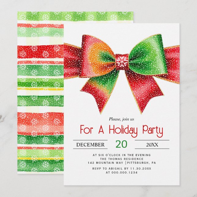 Convites Large red and green bow christmas holiday party (Frente/Verso)