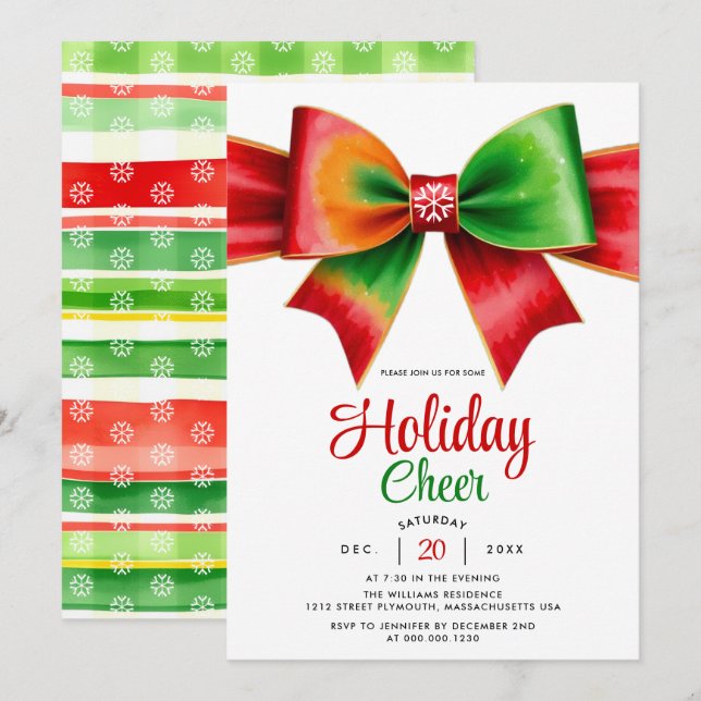 Convites Large red, green bow and stripes Christmas party (Frente/Verso)