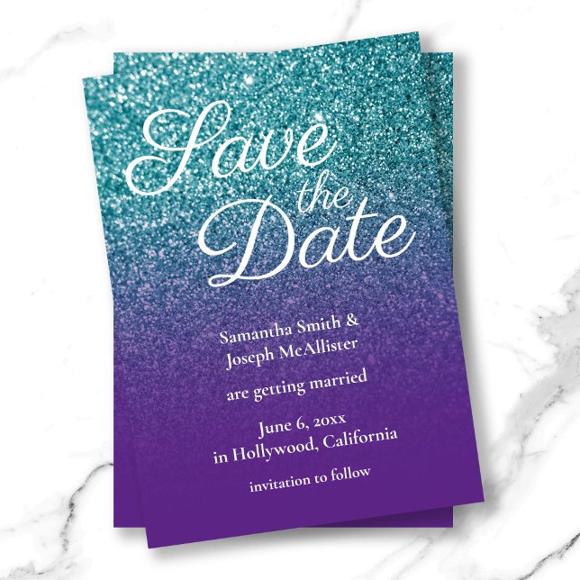 Convites Largura de Ombre de Teal e Roxo Salva a Data (Teal and Purple Ombre Glitter Save the Date Invitation)