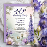 Convites Larkspur | Water Lily Floral 40th Birthday Party<br><div class="desc">Elegant larkspur and water lilies floral design "40th Birthday Party" design featuring a floral frame of purple larkspur and water lilies on a pastel-toned watercolor background.</div>