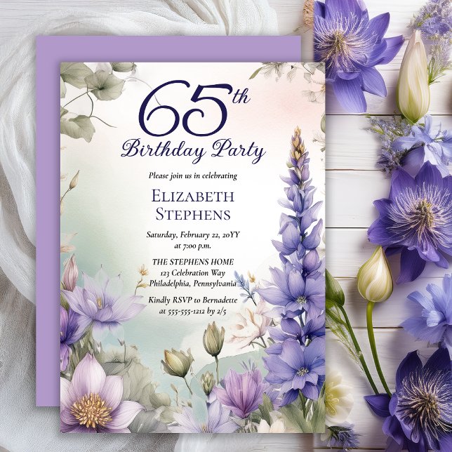 Convites Larkspur | Water Lily Floral 65th Birthday Party (Elegant Boho Larkspur and Water Lilies Floral 65th Birthday Party Invitation - Print | Digital)