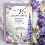 Convites Larkspur Water Lily Floral Sweet 16 Festa de anive<br><div class="desc">Larkspur e água elegantes lírios design florais "Festa de aniversário Doce 16",  com um quadro floral de larkspur roxo e lírios-d'água sobre um fundo de cor d'água com tons pastel.</div>