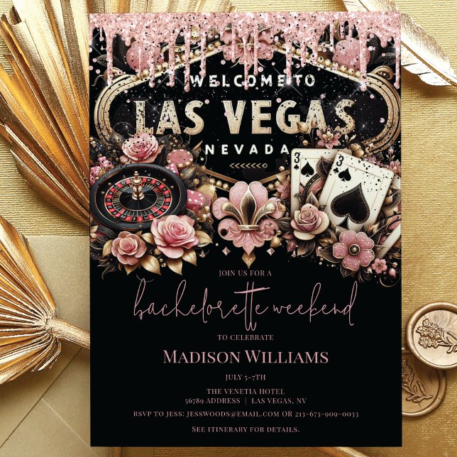 Convites Las Vegas Bachelorette Luxury Preto Rosa Dourado (Criador carregado)