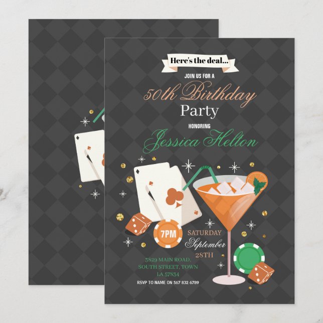 Convites Las Vegas Birthday Casino Dice Chips Martini Party (Frente/Verso)