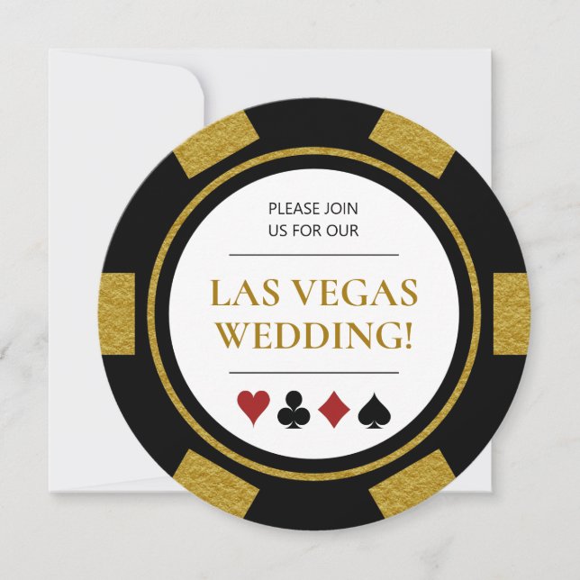 Convites Las Vegas Weding Poker Chip Dourado Black White (Frente)