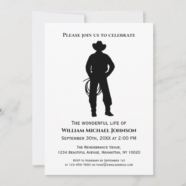 Convites Lasso de Cowboy Preto e Branco de Funeral em Memór (Frente)