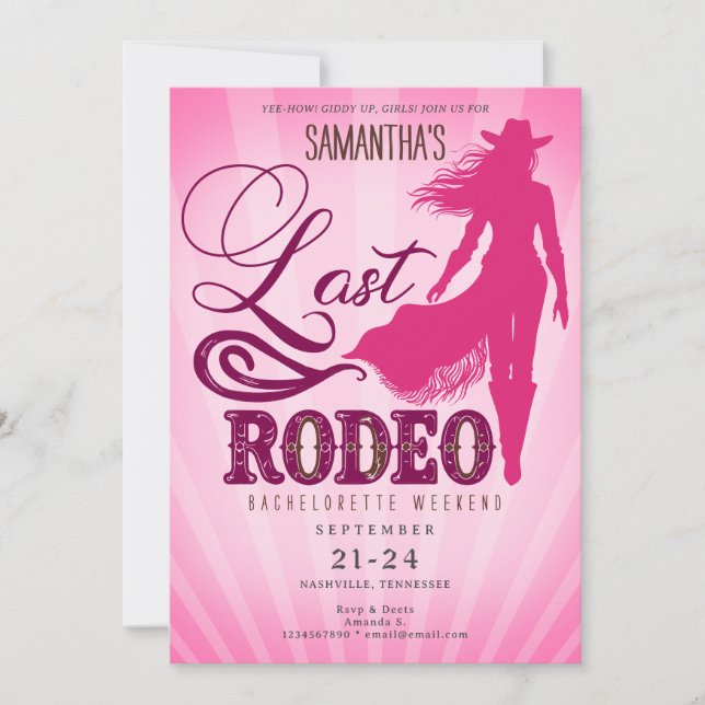 Convites Last Rodeo Pink Cowgirl Nashville Bachelorette  (Frente)
