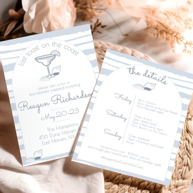 Convites Last Toast on the Coast Beach Bachelorette Weekend ("last toast on the coast" blue nautical beach bachelorette party girls weekend invitation sea shell )