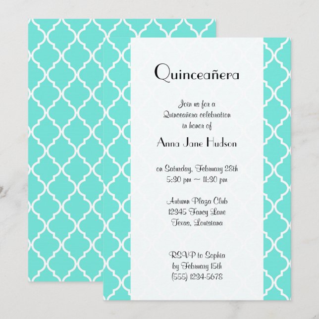 Convites Lata Azul, Quatrefoil, Trellis, Quinceanera (Frente/Verso)