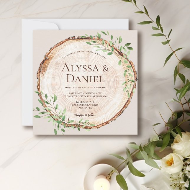 Convites Latido Rustic Elegante Boho Wreath (Boho rustic elegant wood cut slice with watercolor wreath wedding invitation.)