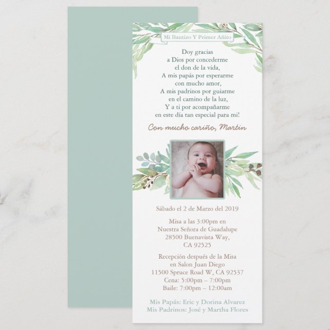 Convites Latino Baptism Primeiro Aniversário para Menino, e (Frente/Verso)