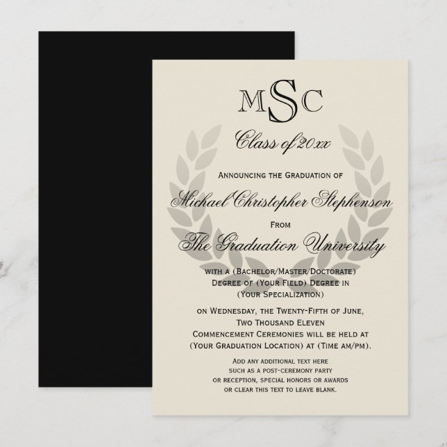 Convites Laurel Crest Monograma Formandos clássico I (Frente/Verso)