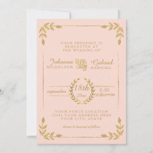 Convites Laurel Leaf Modern Typografia Blush Dourado Casame