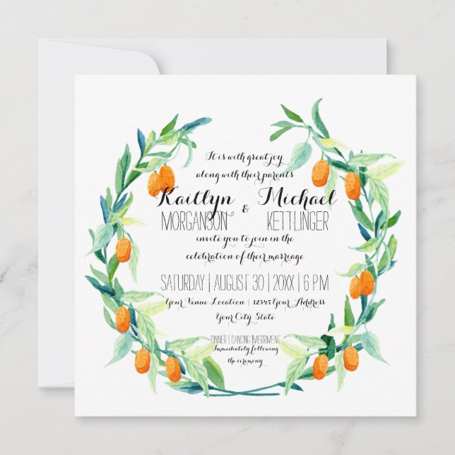 Convites Laurel Wreath Kumquat Leaf Branch Modern Square (Frente)