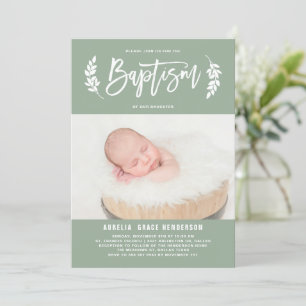 Convites Laurel Wreath Sage Green Photo Baptism