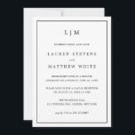 Convites Lauren Black and White Elegant Wedding Reception<br><div class="desc">Anúncio de casamento simples com convite de recepção com um design moderno, mas elegante, com seu monograma de duas letras no topo e seus detalhes cercados por uma fina fronteira. Todo o texto está preto, sobre fundo branco e fundo preto sólido. As fontes e as cores de fundo podem ser...</div>