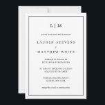 Convites Lauren Black e White Elegant Casamento Espanhol<br><div class="desc">Simples convite de casamento espanhol com um design moderno, mas elegante, com seu monograma de duas letras no topo e seus detalhes cercados por uma fina fronteira. Todo o texto está preto, sobre fundo branco e fundo preto sólido. As fontes e as cores de fundo podem ser alteradas para qualquer...</div>