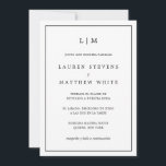 Convites Lauren Black e White Elegant Casamento Espanhol<br><div class="desc">Simples convite de casamento espanhol com um design moderno, mas elegante, com seu monograma de duas letras no topo e seus detalhes cercados por uma fina fronteira. Todo o texto está preto, sobre fundo branco e fundo preto sólido. As fontes e as cores de fundo podem ser alteradas para qualquer...</div>