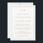 Convites Lauren Dourado Monograma Elegante Recepção de Casa<br><div class="desc">Anúncio de casamento simples com convite apenas de recepção apresentando um design moderno, mas elegante, com seu monograma de duas letras no topo e seus detalhes cercados por uma fina fronteira. Todo o texto está em um dourado falso, sobre um fundo branco e o fundo é preto sólido. As fontes...</div>