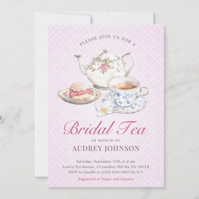 Convites Lavanda adorável Bridal Tea Chá de casamento Britâ (Frente)