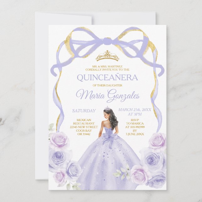 Convites Lavanda Arco Roxo Princesa Dourada Quinceañera (Frente)