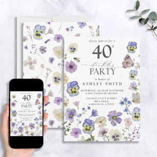 Convites Lavanda Azul, aniversário de 40 anos Floral Pressi