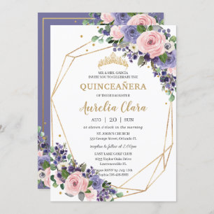 Convites Lavanda Blush Floral Geométrico 16ª Quinceañera