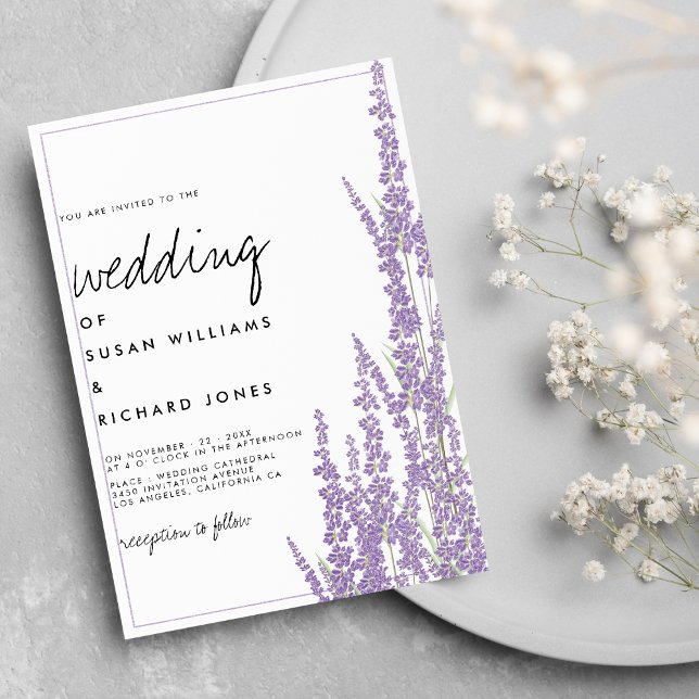 Convites Lavanda branco, guião manuscrito, casamento floral (Lavender white handwritten script floral wedding invitation )