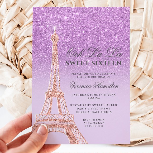 Convites Lavanda brilhante púrpura da torre Eiffel Sweet 16 (Criador carregado)