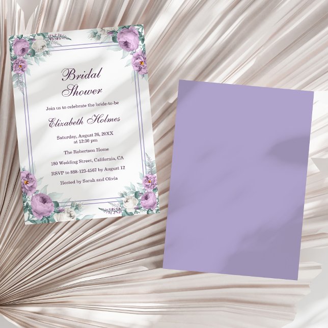 Convites Lavanda Chá de panela de Pessoas Roxas (Lavender Purple Peonies Bridal Shower Invitation on a sunny white dry palm leaf.)