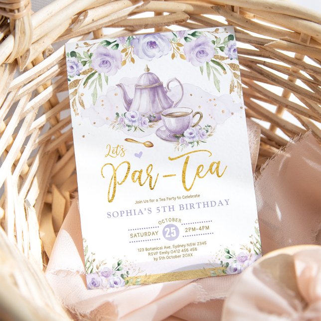 Convites Lavanda Chic Dourada Floral Girls Birthday Tea Par (Criador carregado)