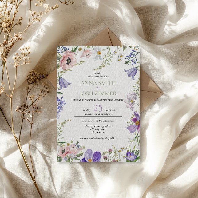 Convites Lavanda Clássica Lilac Flores Selvagens Casamento  (classy wildflowers elegant chic rustic wedding invitation with floral details)