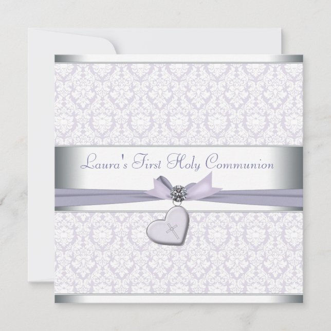 Convites Lavanda Damask Cruz Meninas Roxo Primeira Comunhão (Frente)