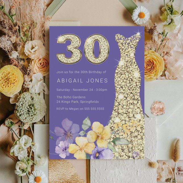 Convites Lavanda de aniversário de 30 anos Dourada e Sunshi (Criador carregado)