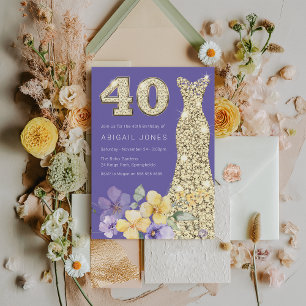 Convites Lavanda de aniversário de 40 anos Dourada e Sunshi