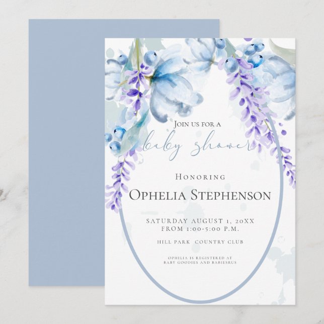 Convites Lavanda de Aquarela - Chá de fraldas Floral Azul D (Frente/Verso)
