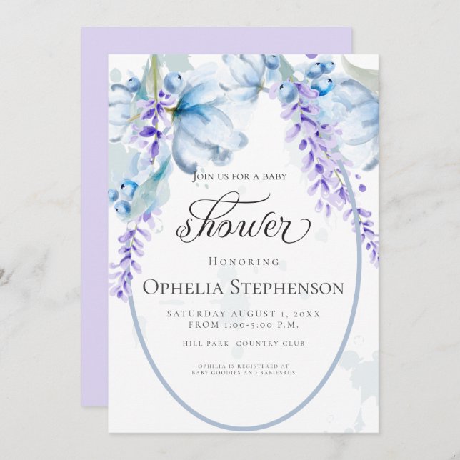 Convites Lavanda de Aquarela - Chá de fraldas Floral Azul D (Frente/Verso)