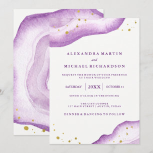 Convites Lavanda de Aquarela e Casamento Geográfico Dourado