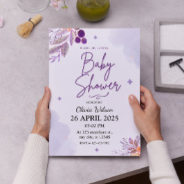 Convites Lavanda de aquarela e Chá de fraldas Floral Púrpur