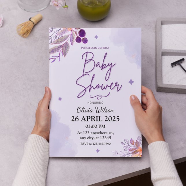 Convites Lavanda de aquarela e Chá de fraldas Floral Púrpur (Criador carregado)