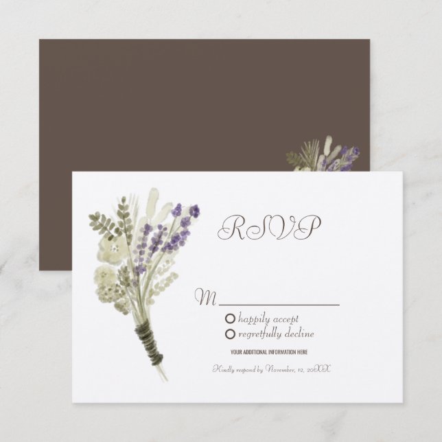 Convites Lavanda de aquarelas Rustic Botany Kraft RSVP (Frente/Verso)
