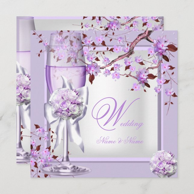 Convites Lavanda de Casamento Elegante Roxo Lilac 4b (Frente/Verso)