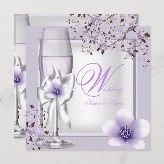 Convites Lavanda de Casamento Elegante Roxo Lilac 6 (Frente/Verso)