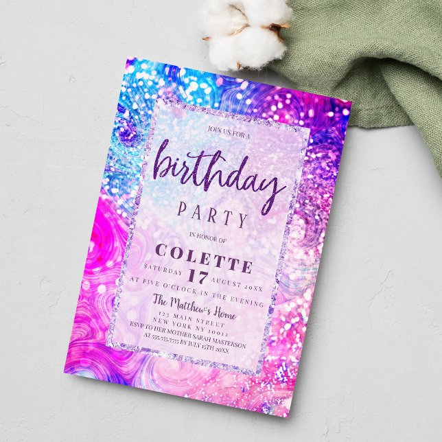 Convites Lavanda de Festa de aniversário de bolhas de pérol (Lavender purple teal marble glitter Birthday Party Invitation )